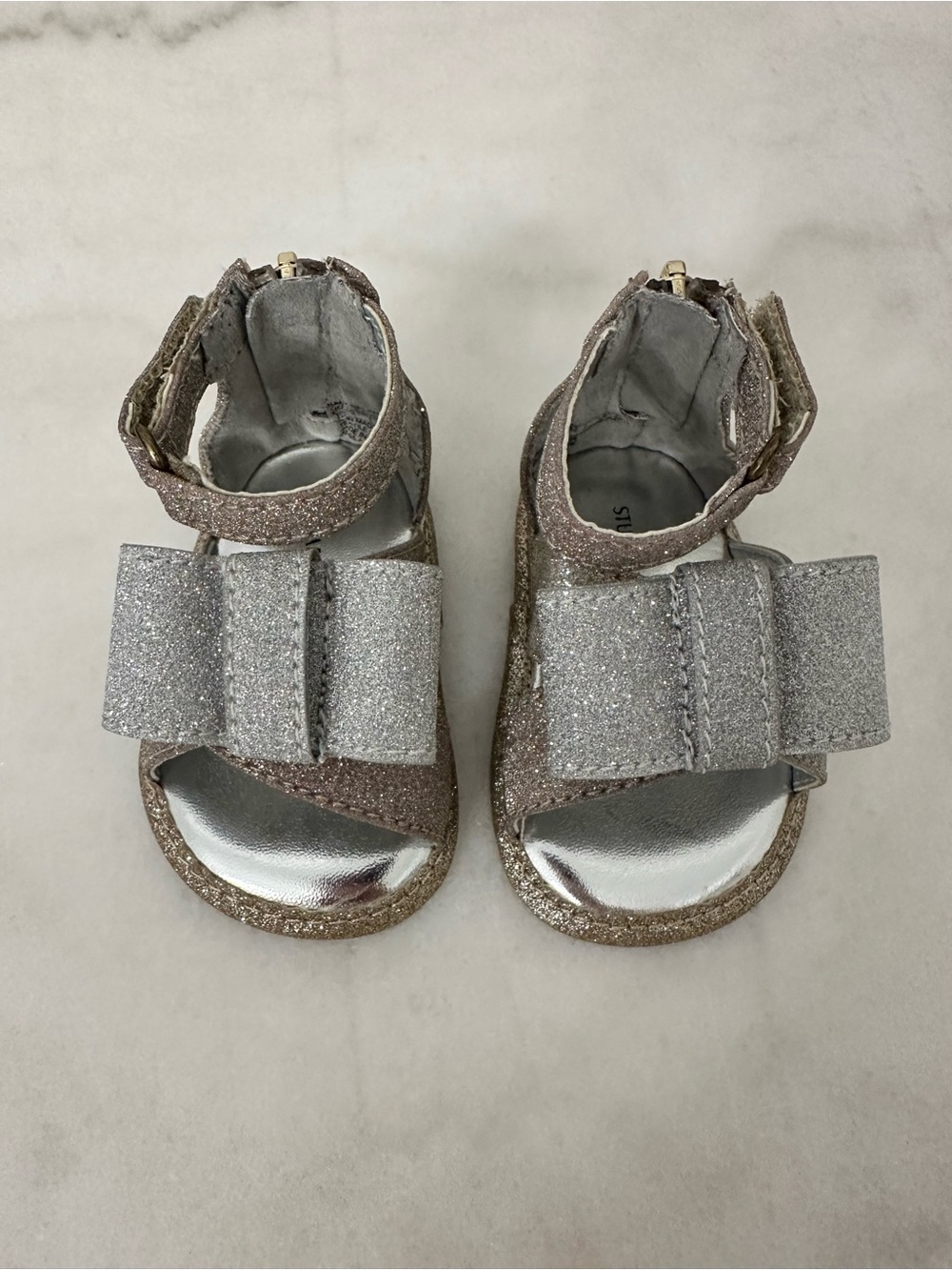 Stuart Weitzman Baby Selina Silver Glitter Bow Sandals